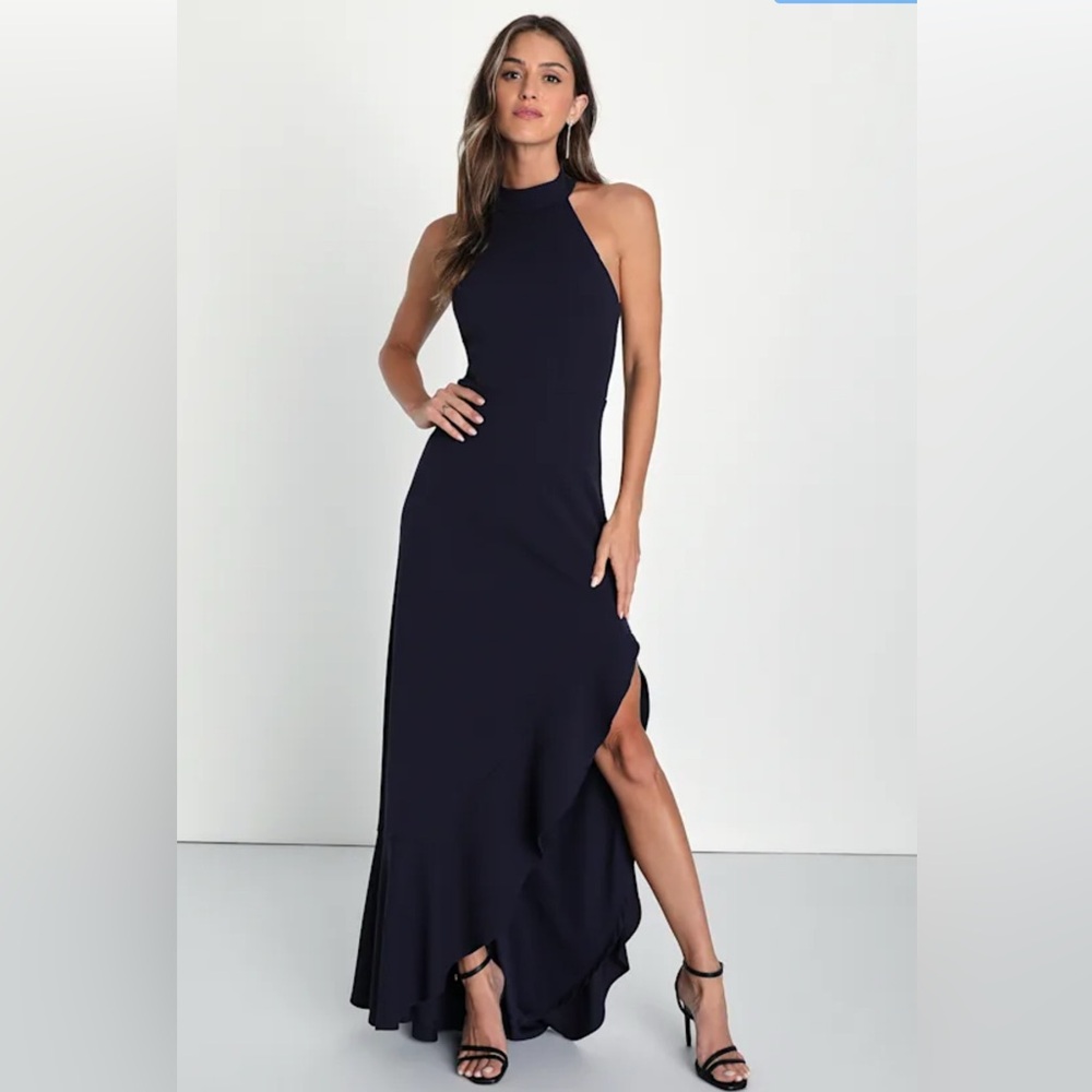 Lulu's Navy High-Neck Halter Maxi Dress with Side Slit